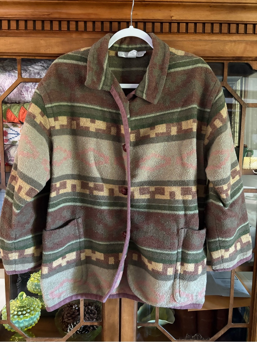 The Limited Multicolor Patterned Teddy Jacket in Olive, Brown & Pink